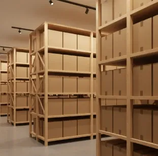 Neatly stacked cardboard boxes sit on wooden shelves in a bright, organized storage unit with warm overhead lighting. 